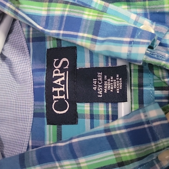 Chaps Boys 4T Button Up Plaid Short Sleeve Shirt with Collar Blue green white - Picture 4 of 7
